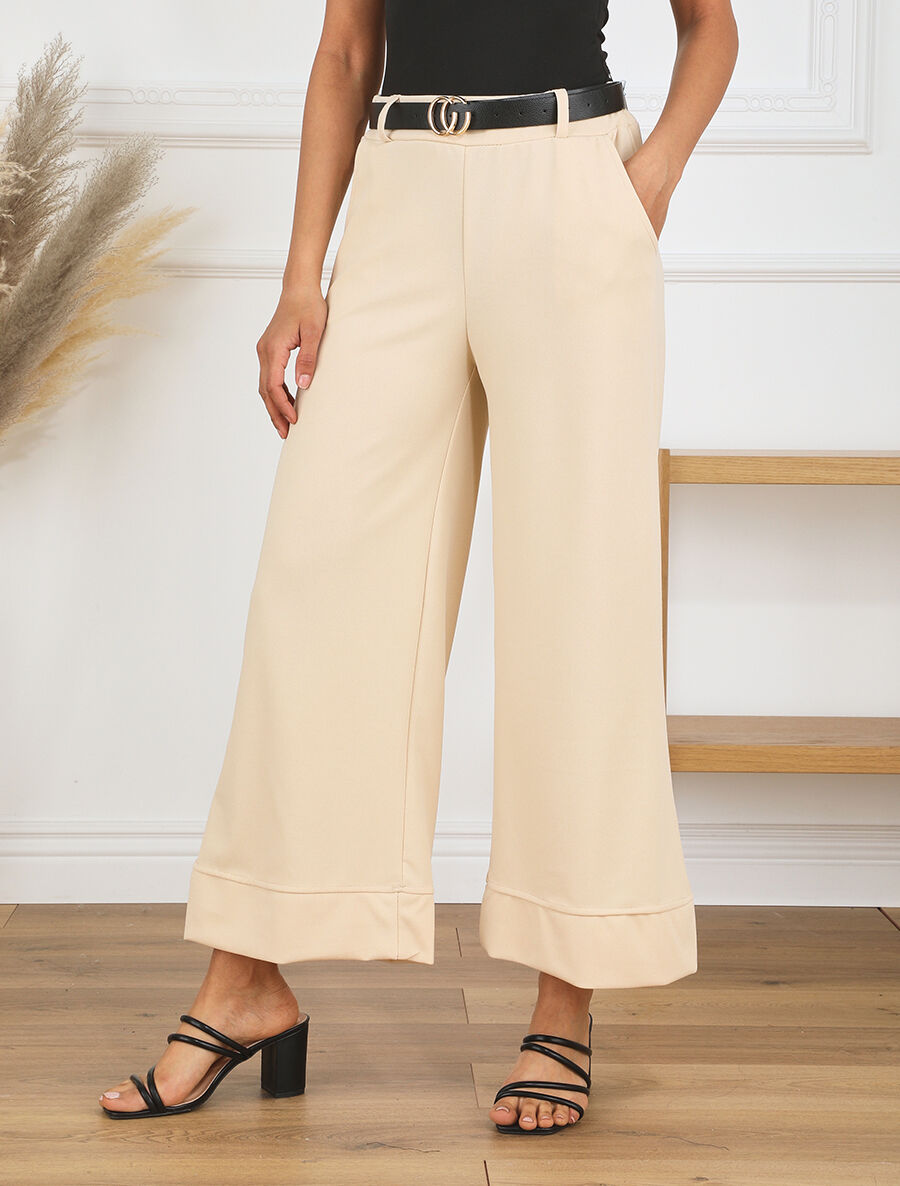 Pantalon large uni taille haute - Beige - 4