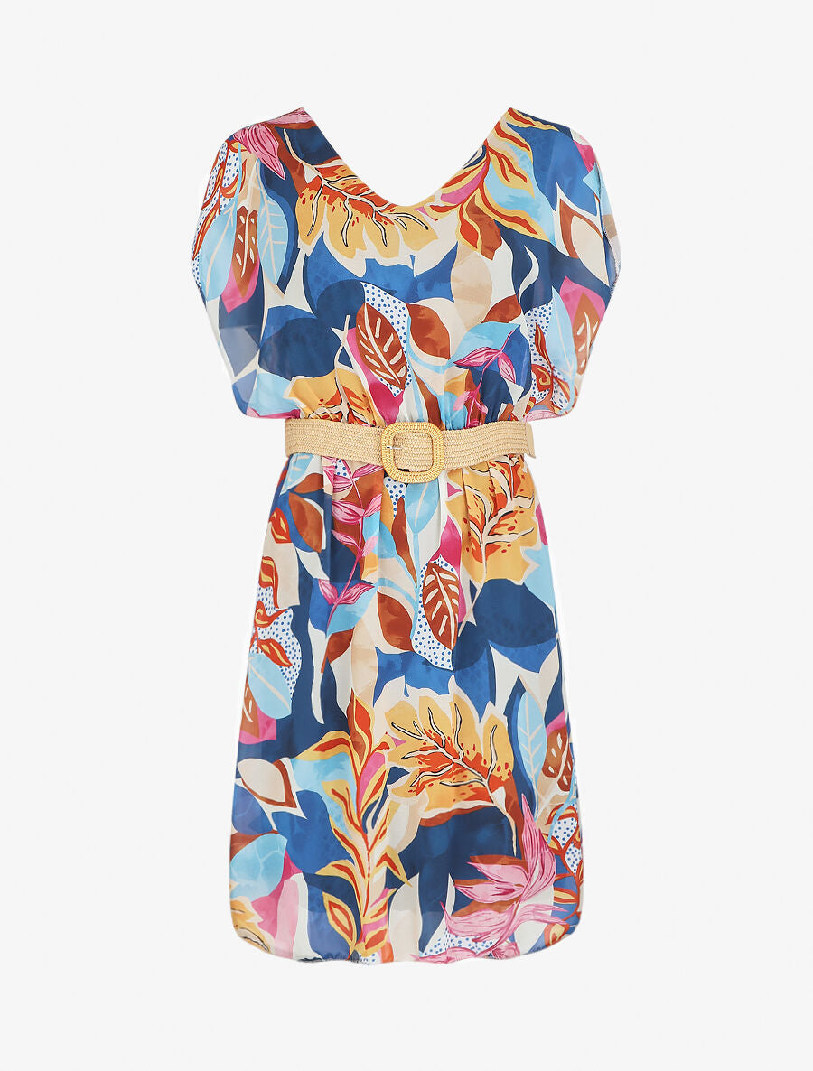 Robe en voile élastiquée à imprimé fantaisie - Bleu - 1