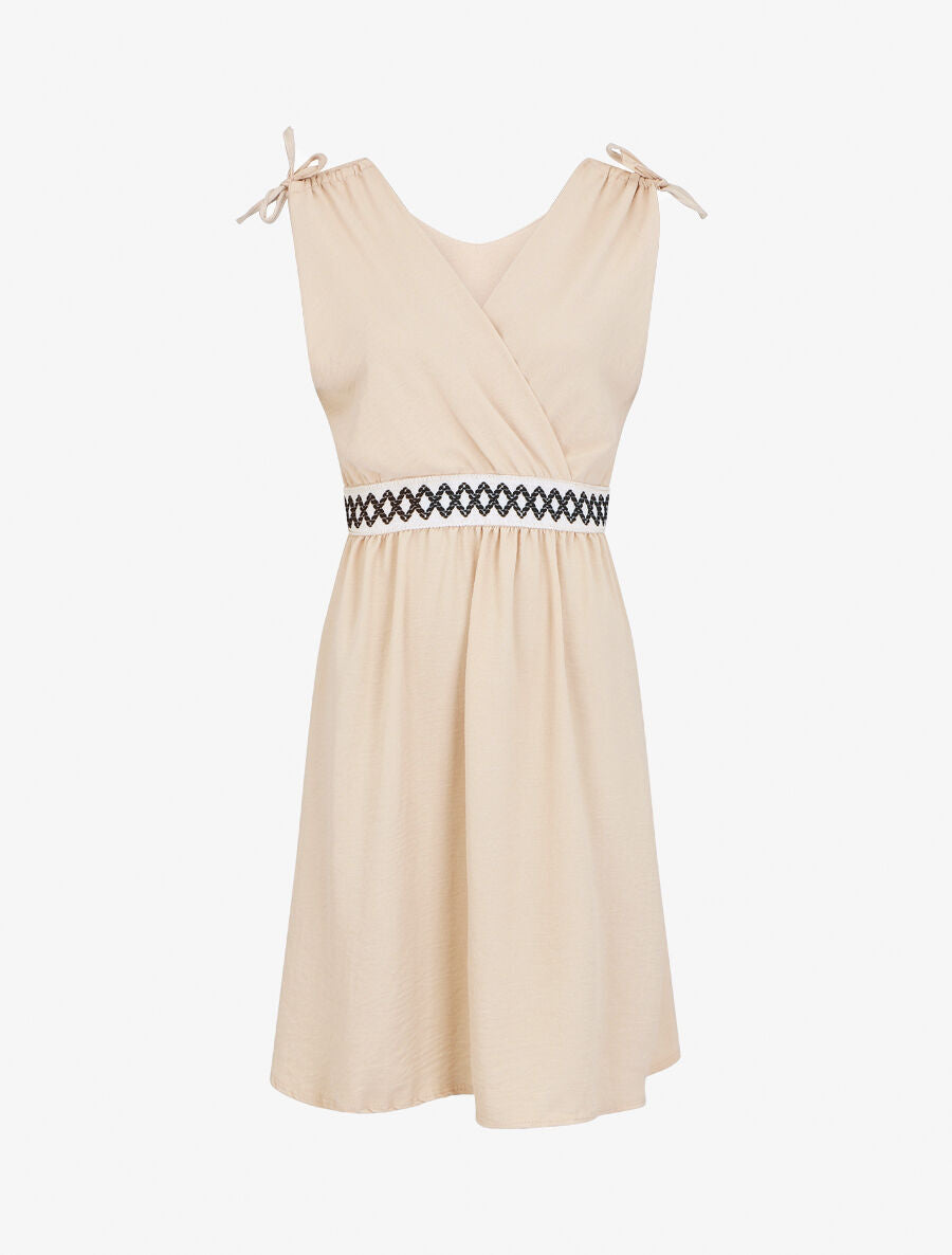Robe uni à taille élastiquée - Beige - 5