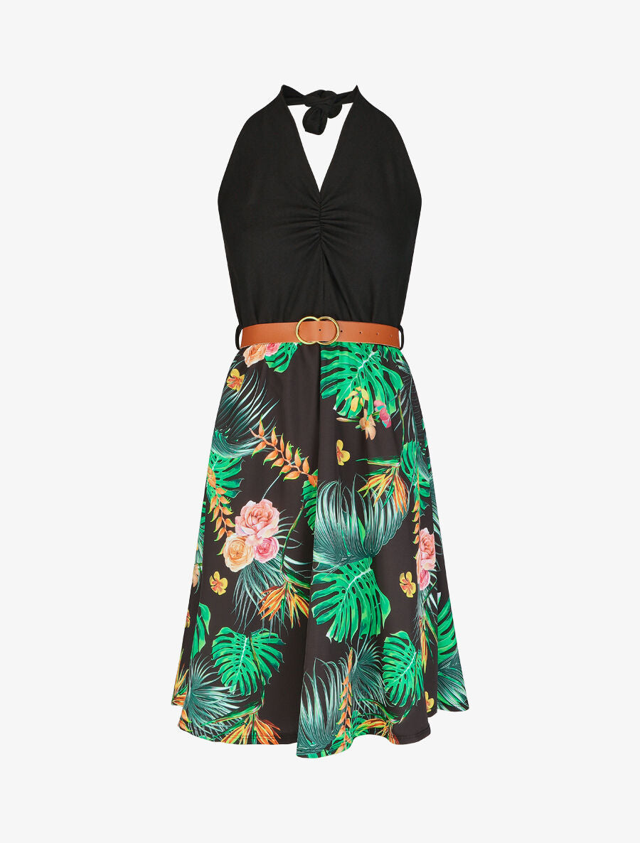 Robe mi-longue tropicale à dos nu - Noir - 1