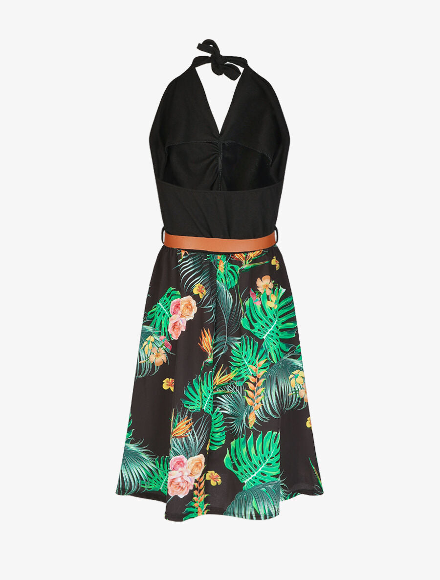 Robe mi-longue tropicale à dos nu - Noir - 2