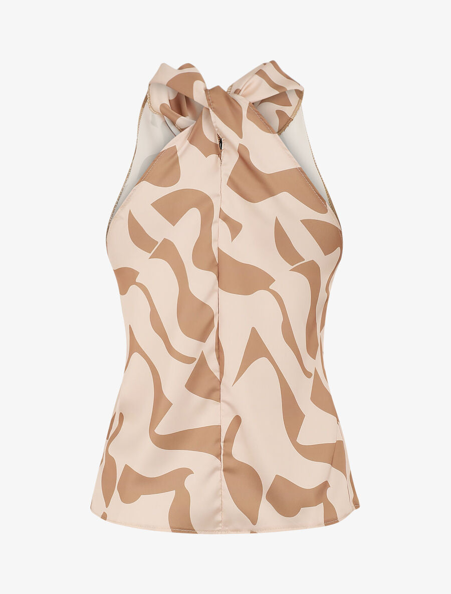 Top satiné sans manches imprimé graphique - Beige - 2