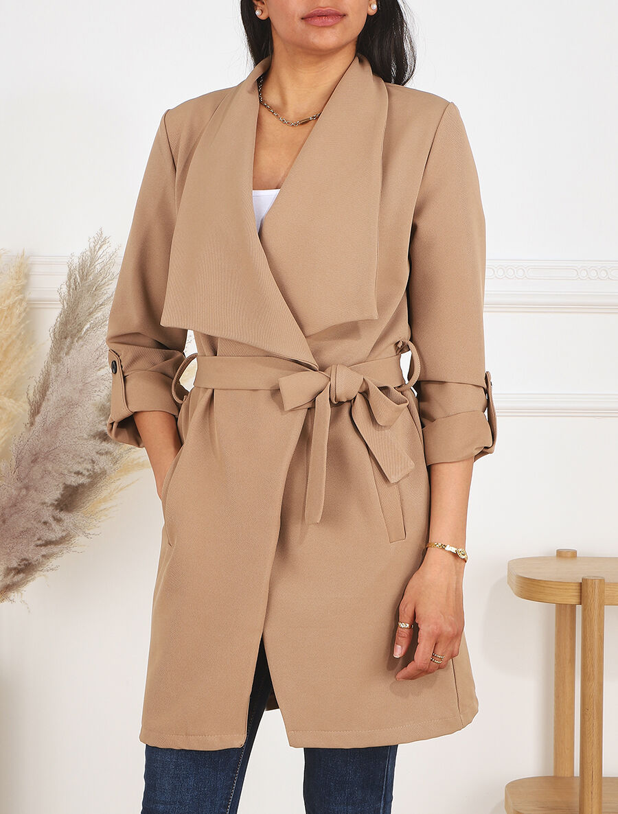 Veste mi-longue col cascade - Taupe - 4