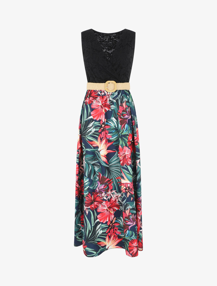 Robe longue bicolore imprimé fleurs tropicales - Marine - 1