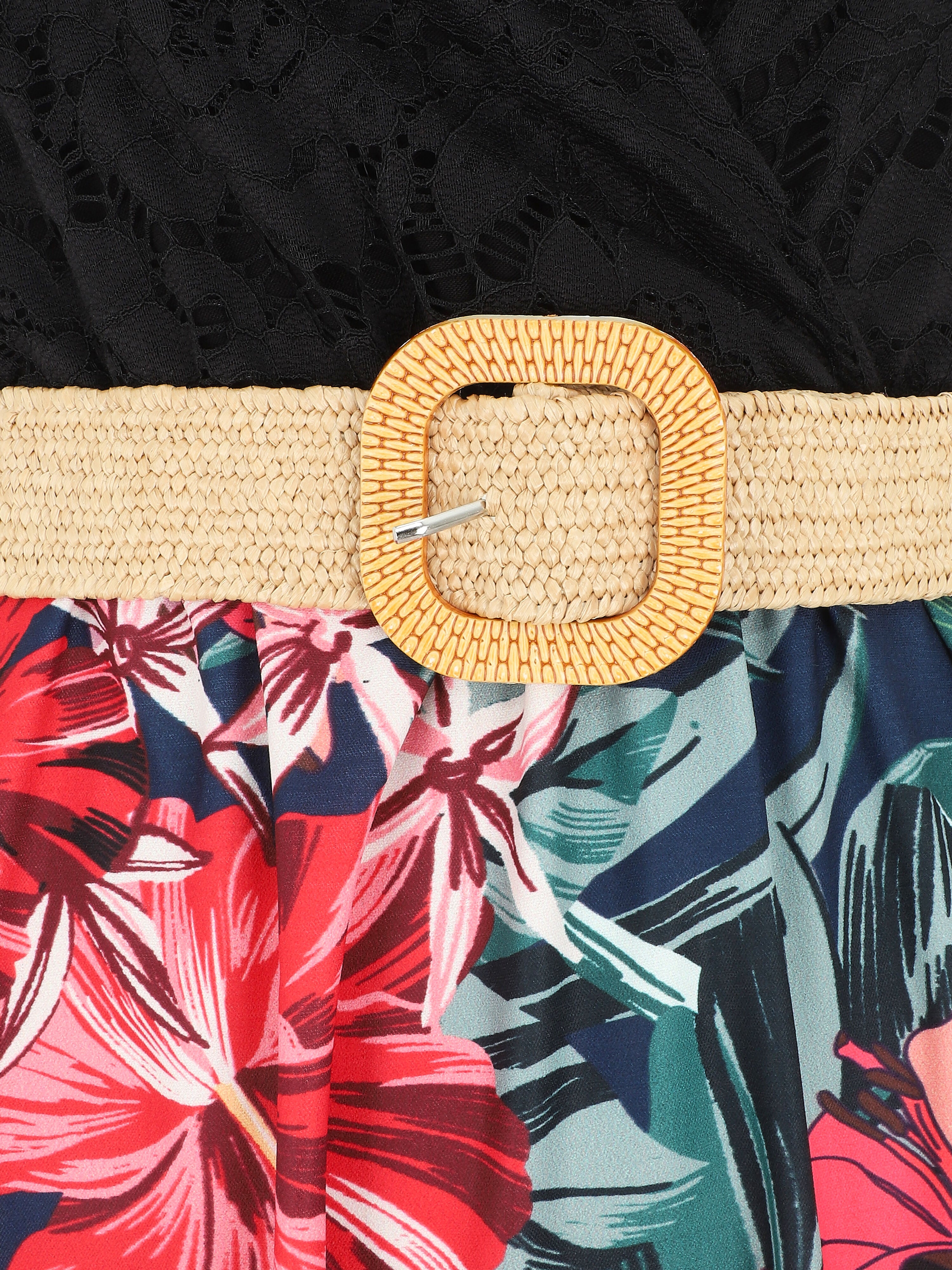 Robe longue bicolore imprimé fleurs tropicales - Marine - 3