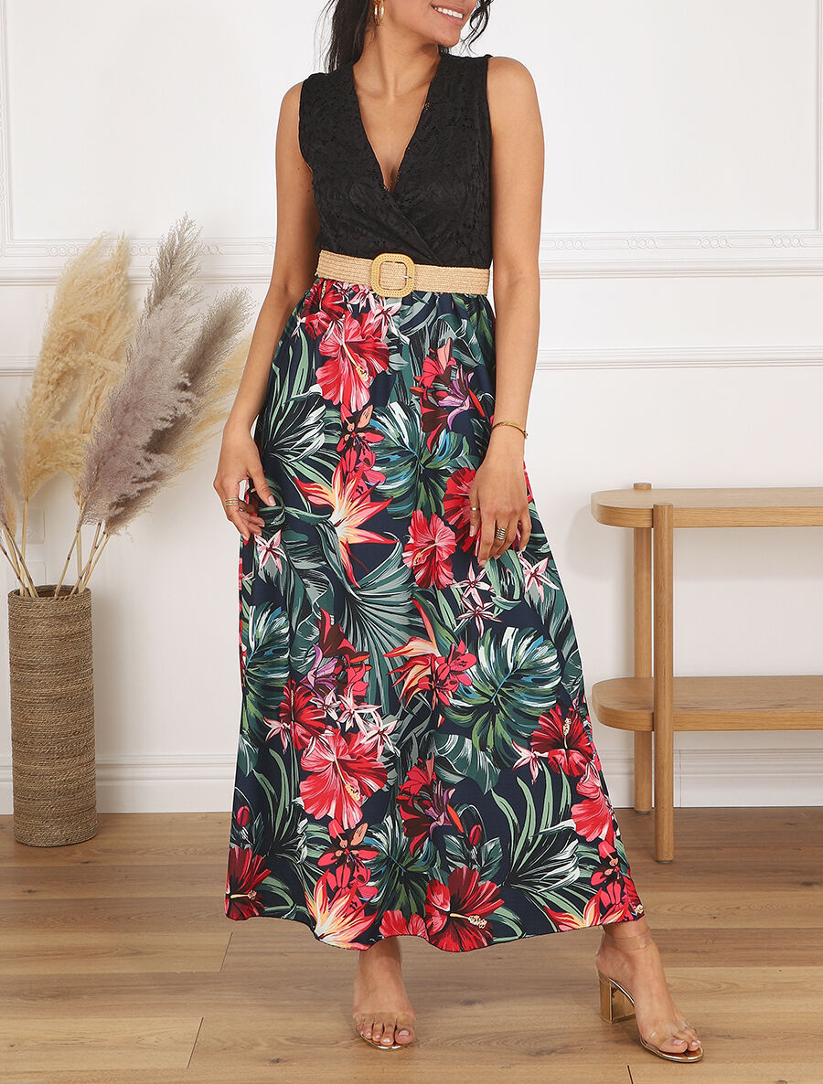 Robe longue bicolore imprimé fleurs tropicales - Marine - 4