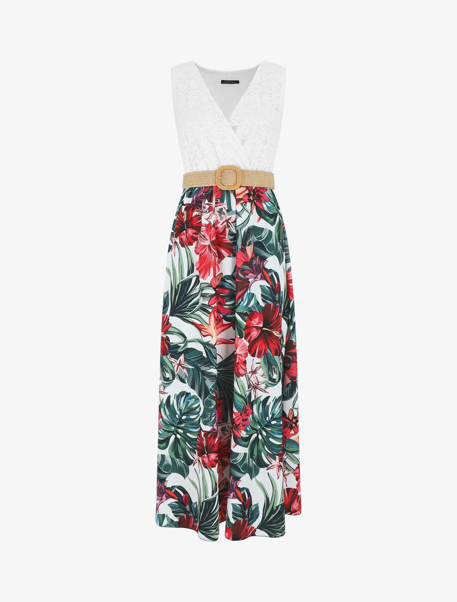 Robe longue bicolore imprimé fleurs tropicales - Blanc - 1