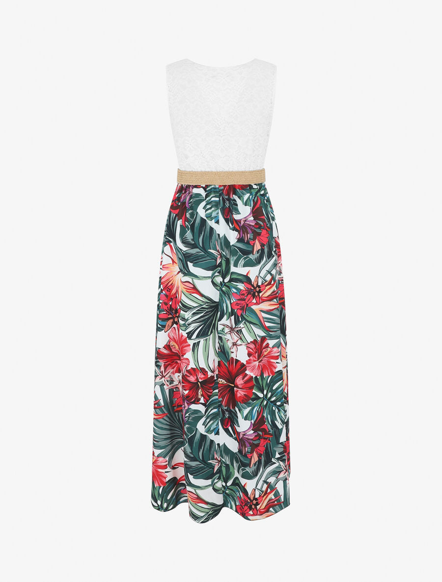 Robe longue bicolore imprimé fleurs tropicales - Blanc - 2