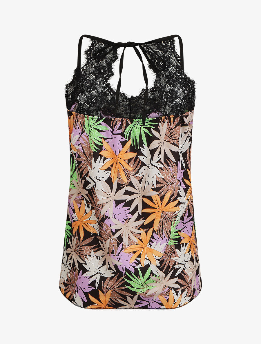 Caraco dentelle imprimé feuilles fantaisies - Noir - 2