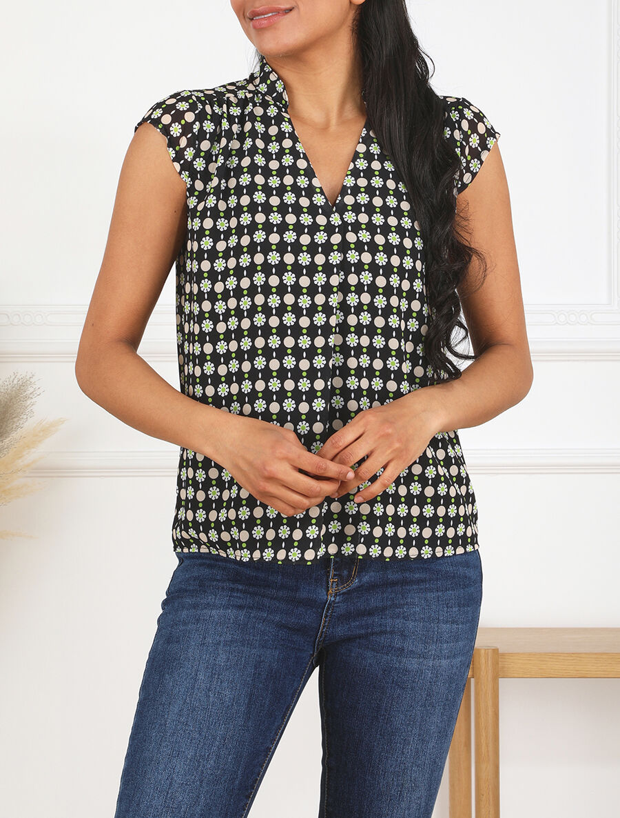 Top fluide sans manches imprimé petites fleurs - Noir - 4