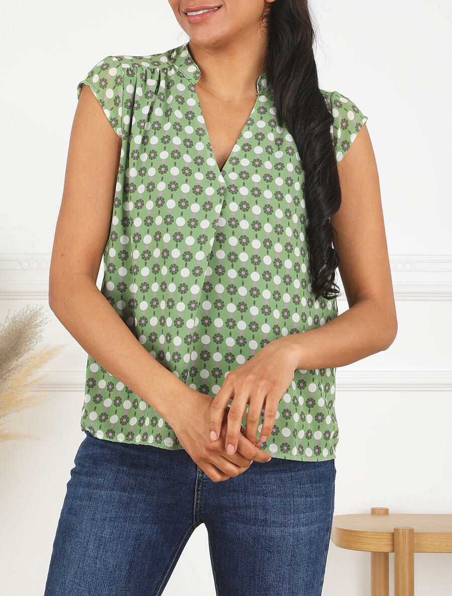 Top fluide sans manches imprimé petites fleurs - Vert - 4