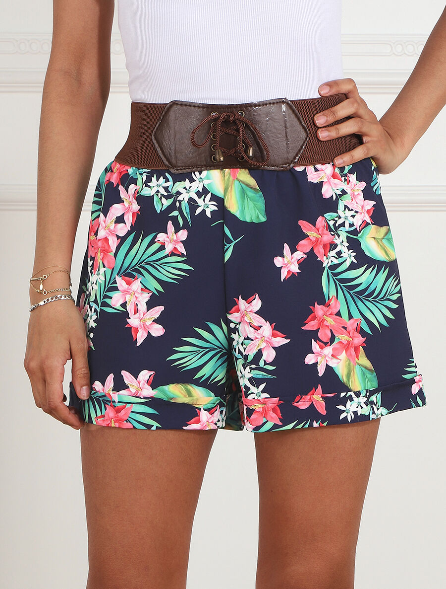 Short à taille haute style corset imprimé fleurs - Marine - 4
