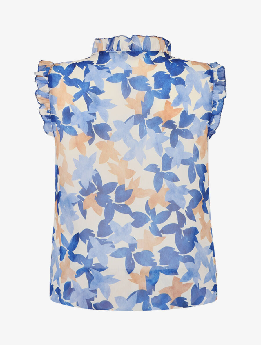 Top imprimé feuilles sans manches à volants - Bleu roi - 2