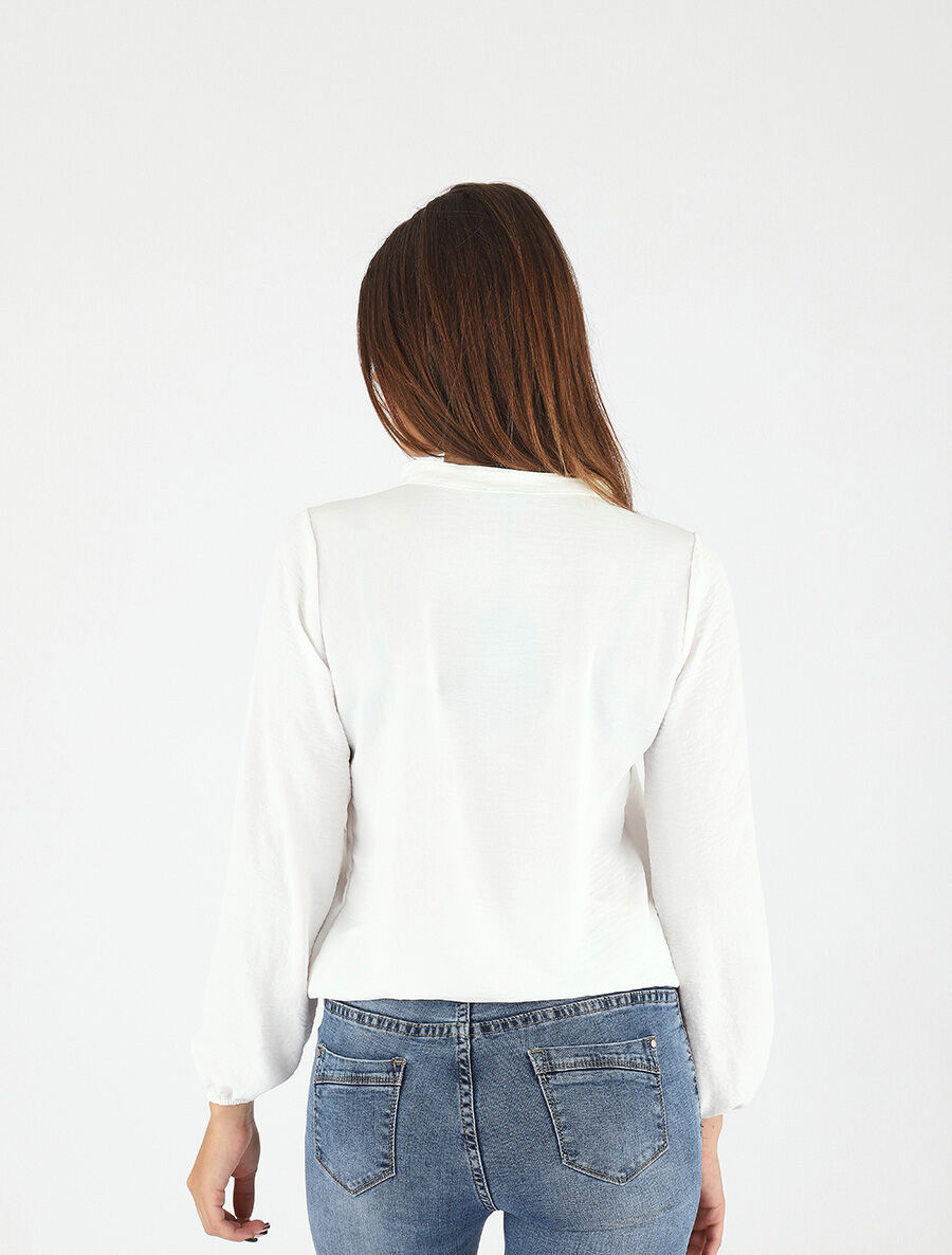 Blouse droite unie à manches longues et col V - Blanc - 5