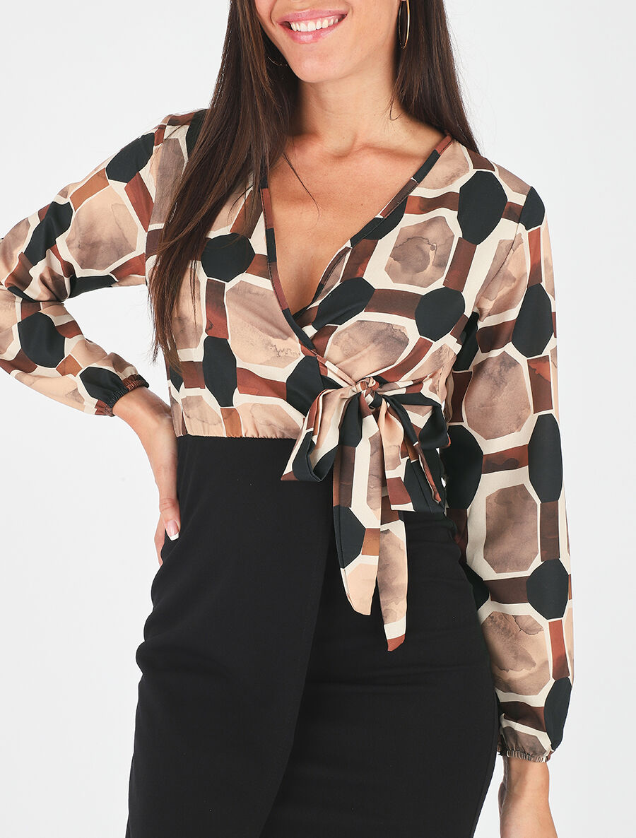 Robe portefeuille ajustée imprimé fantaisie - Camel - 6