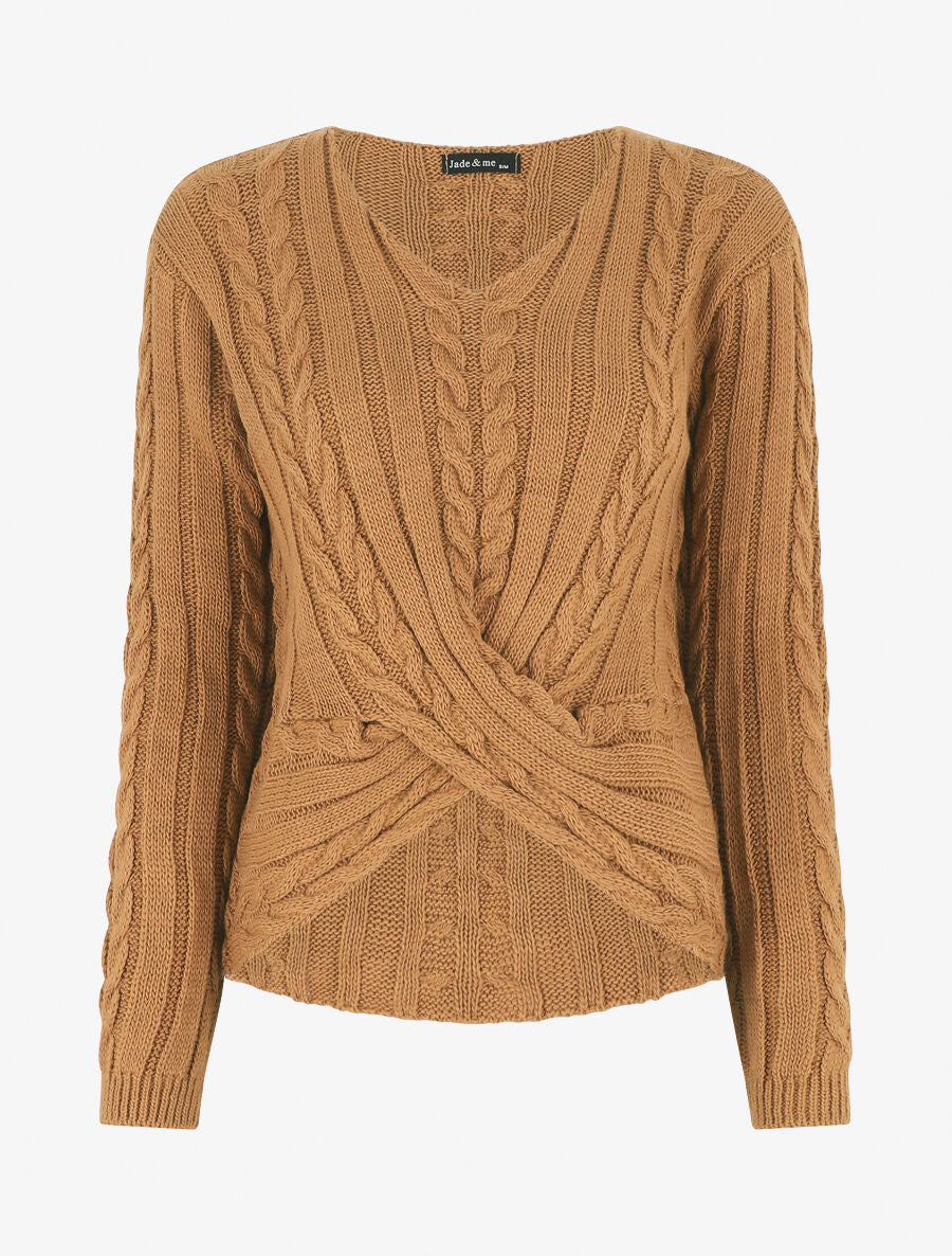 Pull droit torsadé en maille tressée - Camel - 4