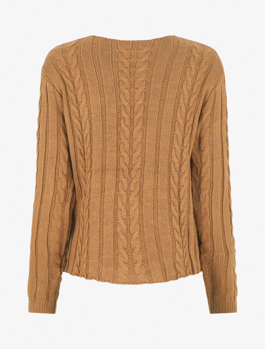Pull droit torsadé en maille tressée - Camel - 2