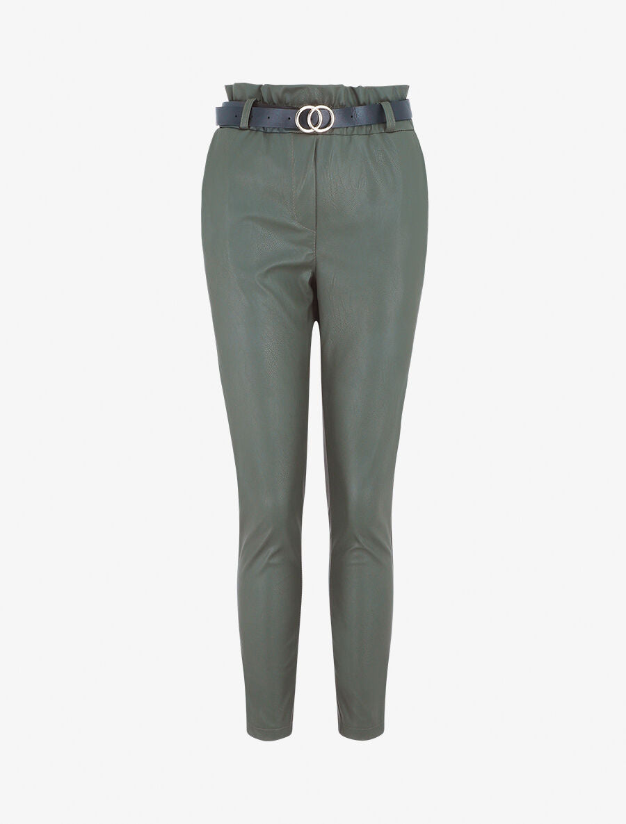 Pantalon uni en simili - Kaki - 1