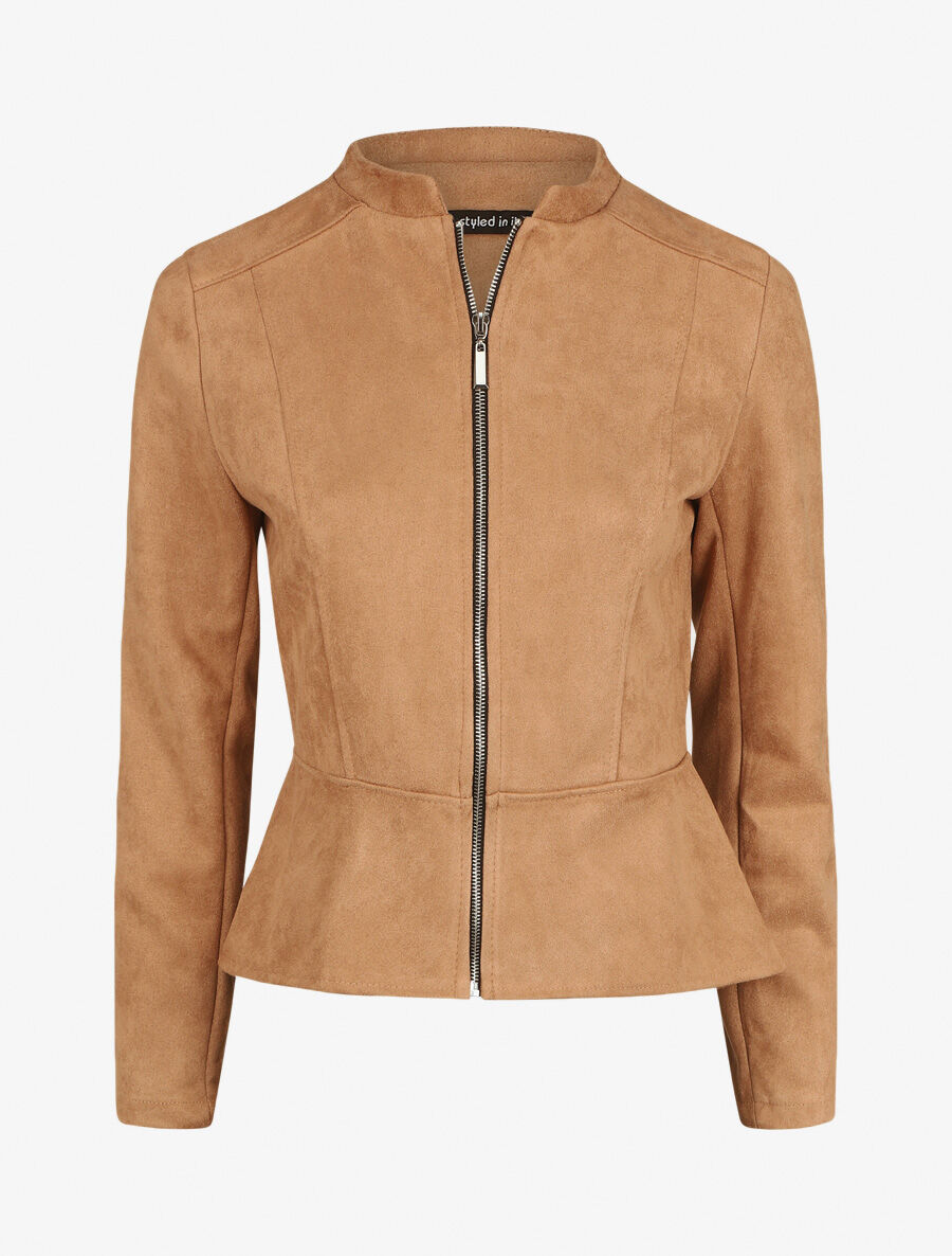 Veste droite zippée en suédine - Beige - 1