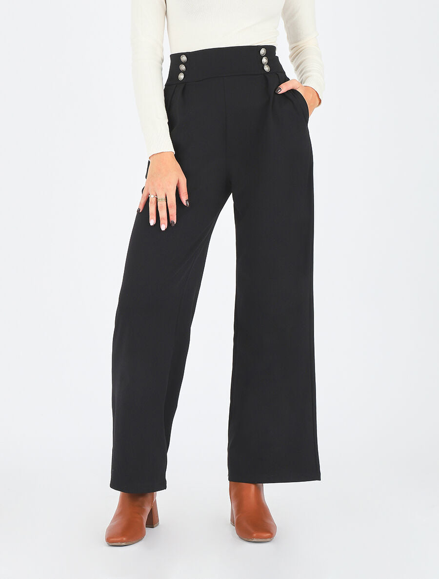Pantalon ample taille haute à boutons - Noir - 4