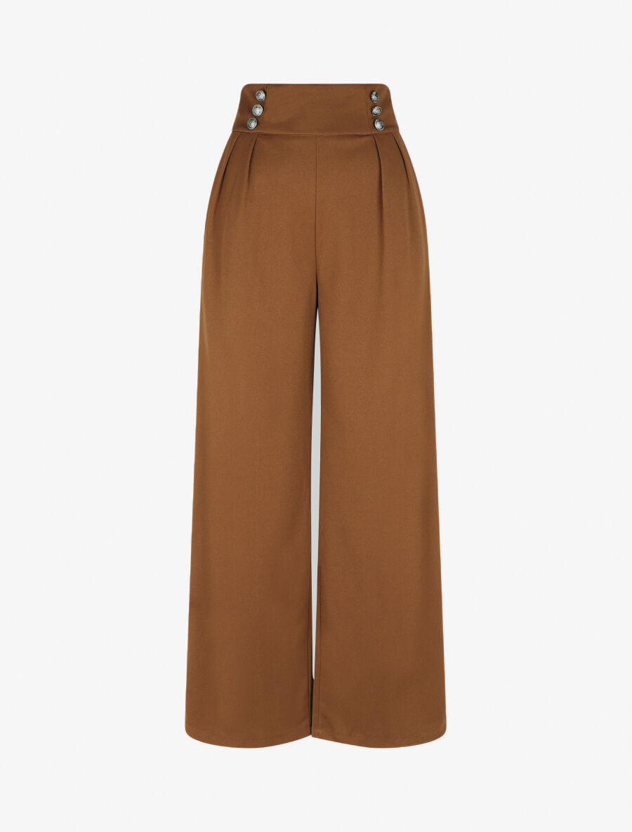 Pantalon ample taille haute à boutons - Camel - 4
