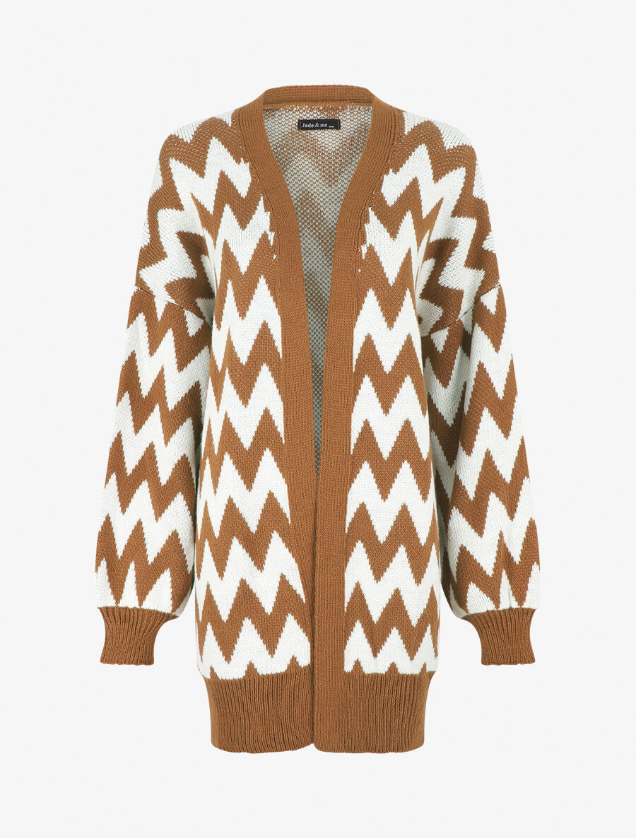 Gilet oversize mi-long motif zigzag - Camel/blanc - 1