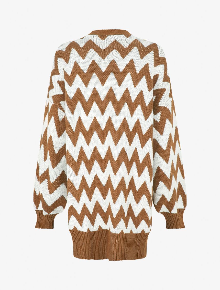 Gilet oversize mi-long motif zigzag - Camel/blanc - 2
