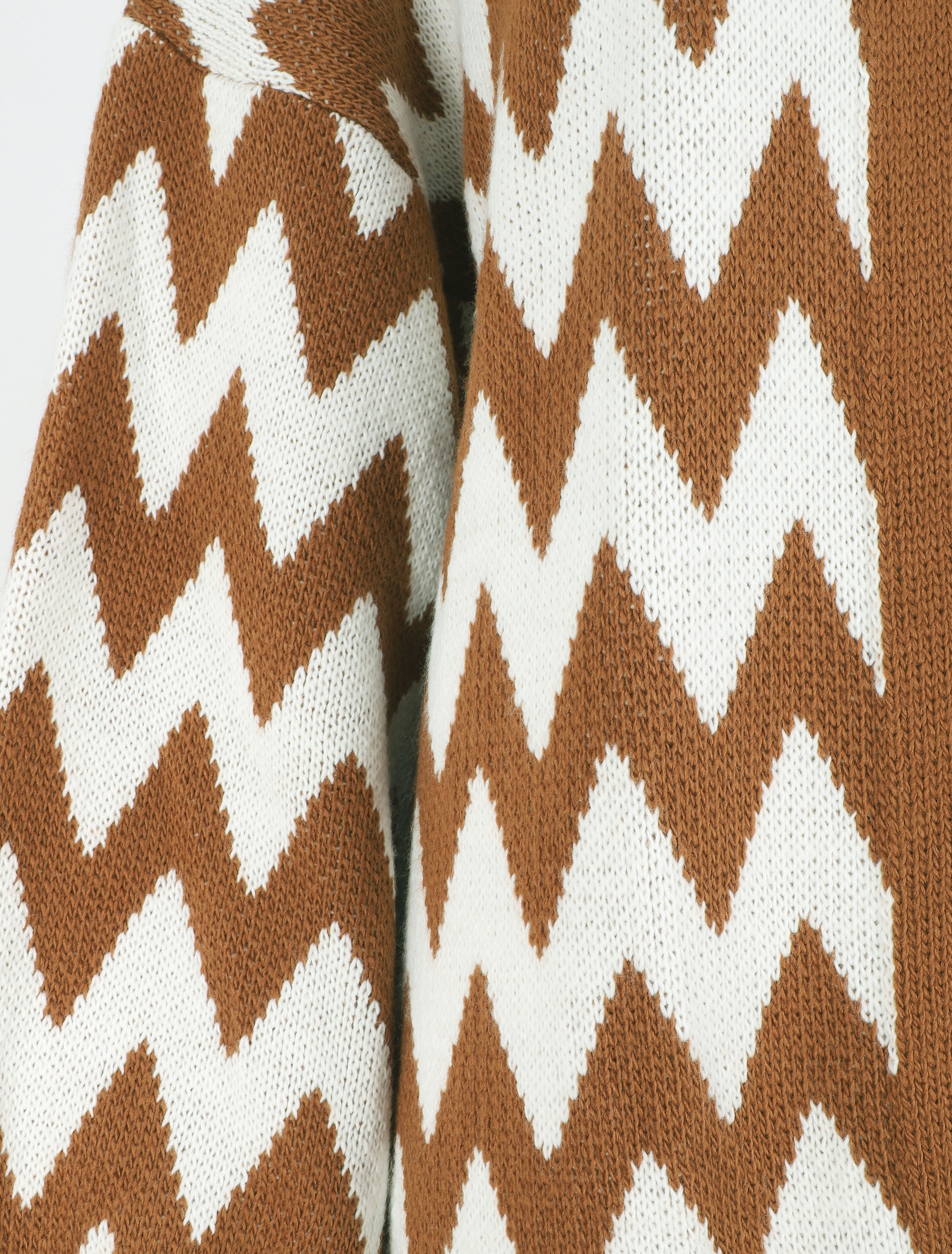 Gilet oversize mi-long motif zigzag - Camel/blanc - 3