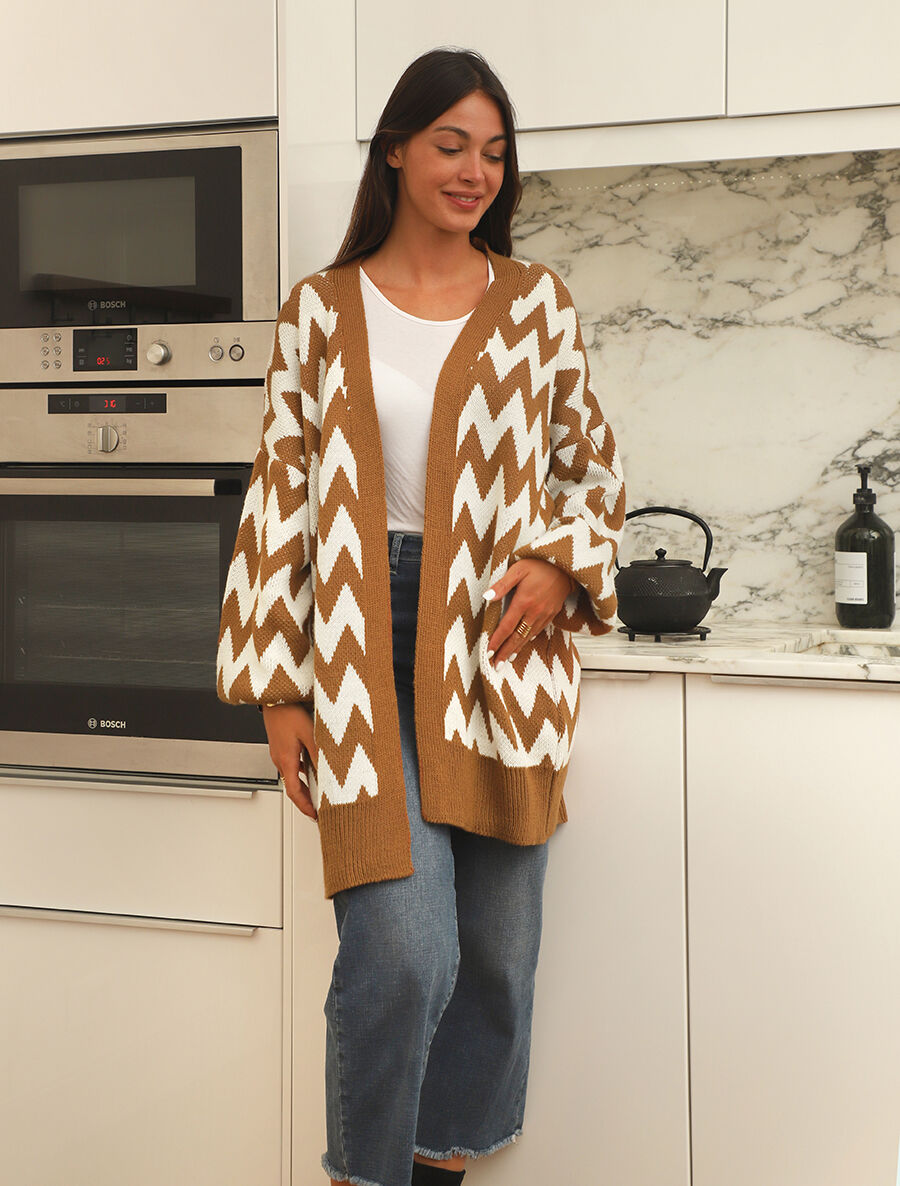 Gilet oversize mi-long motif zigzag - Camel/blanc - 4