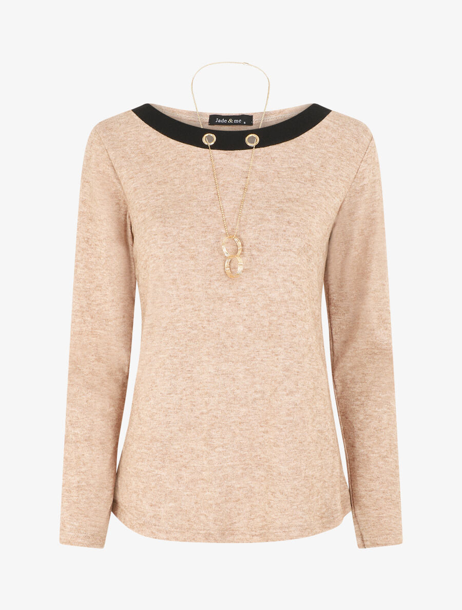 Pull fin uni et sautoir - Beige - 4