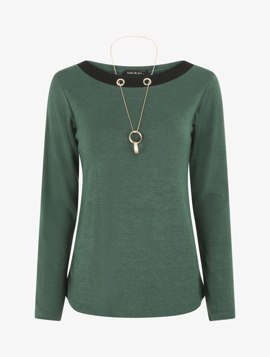 Pull fin uni et sautoir - Vert sapin - 4