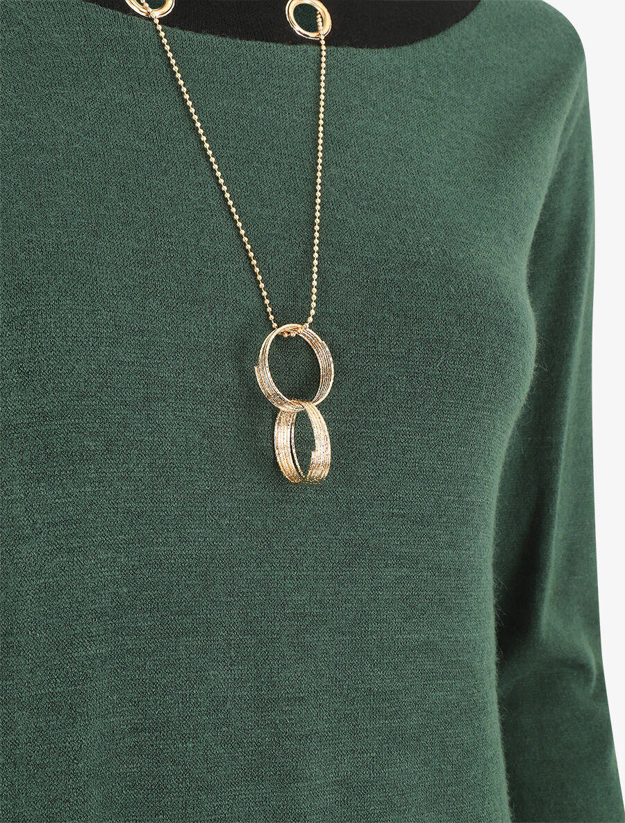 Pull fin uni et sautoir - Vert sapin - 3