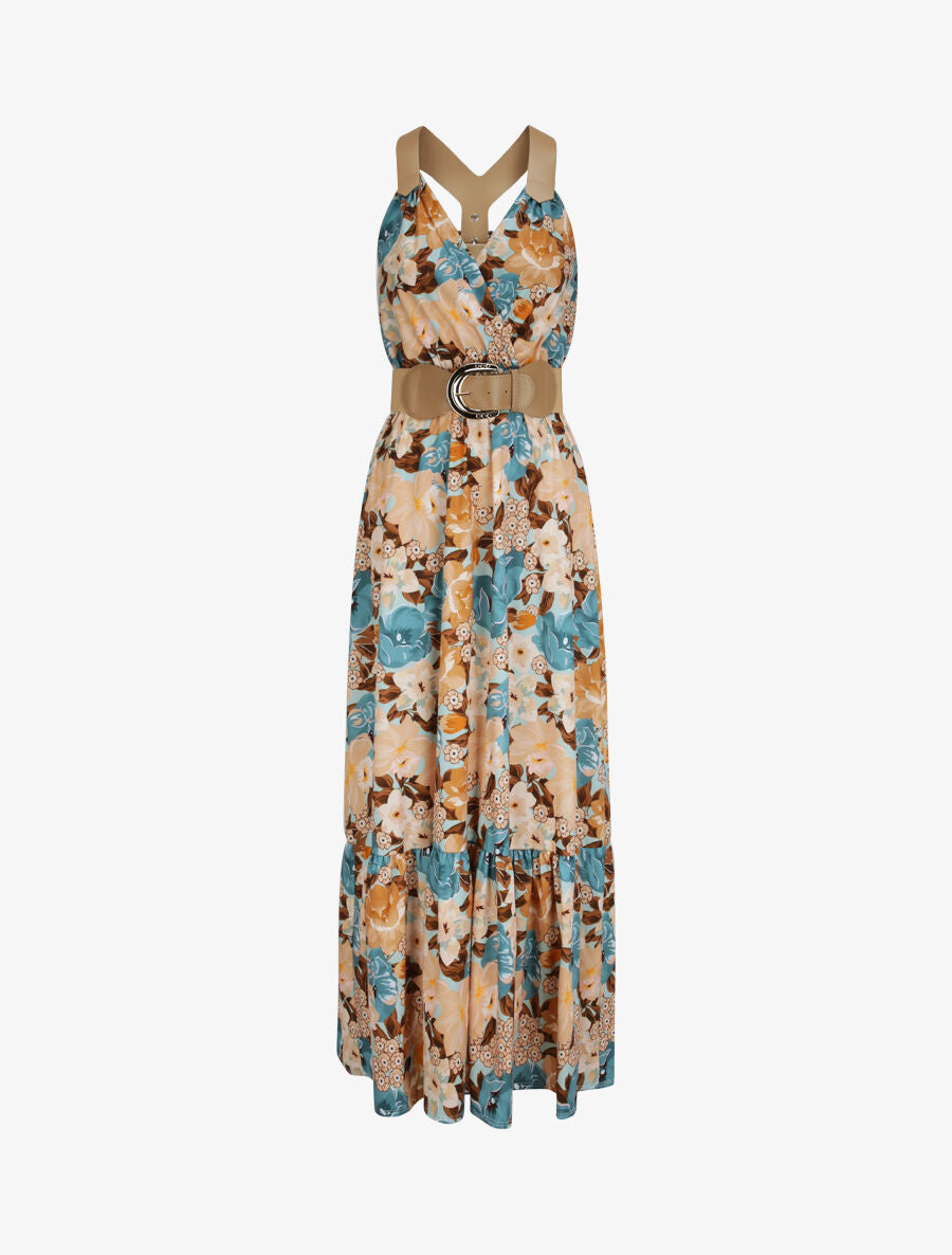 Robe longue coupe patineuse imprimé fleurs estivales à bretelles en simili - Vert d&