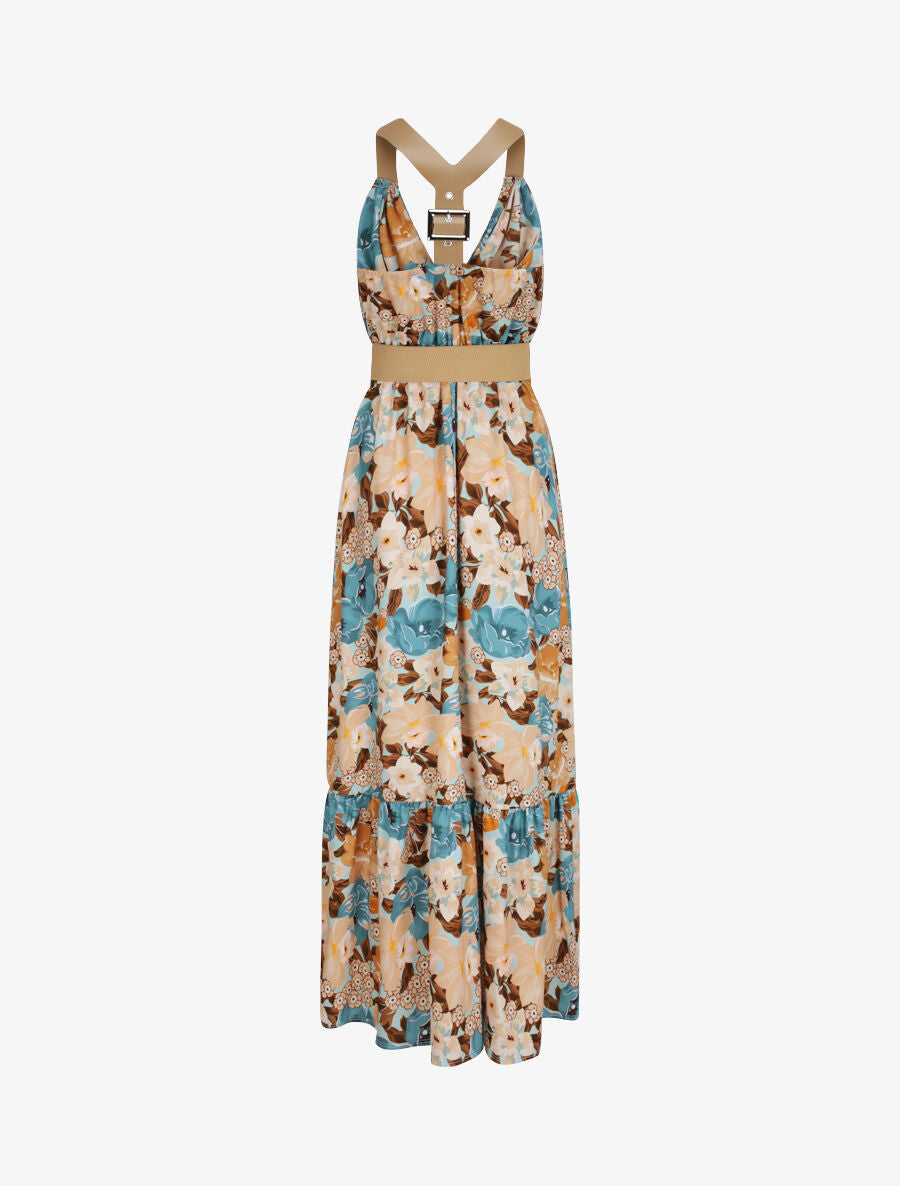 Robe longue coupe patineuse imprimé fleurs estivales à bretelles en simili - Vert d&