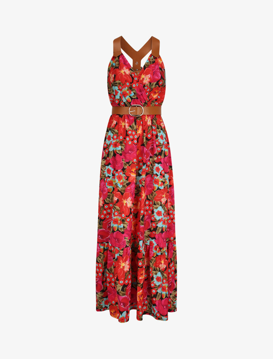 Robe longue coupe patineuse imprimé fleurs tropicales à bretelles en simili - Noir - 1