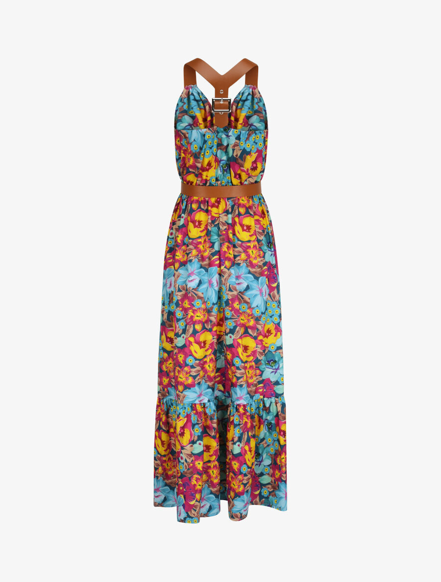 Robe longue coupe patineuse imprimé fleurs tropicales à bretelles en simili - Bleu canard - 2