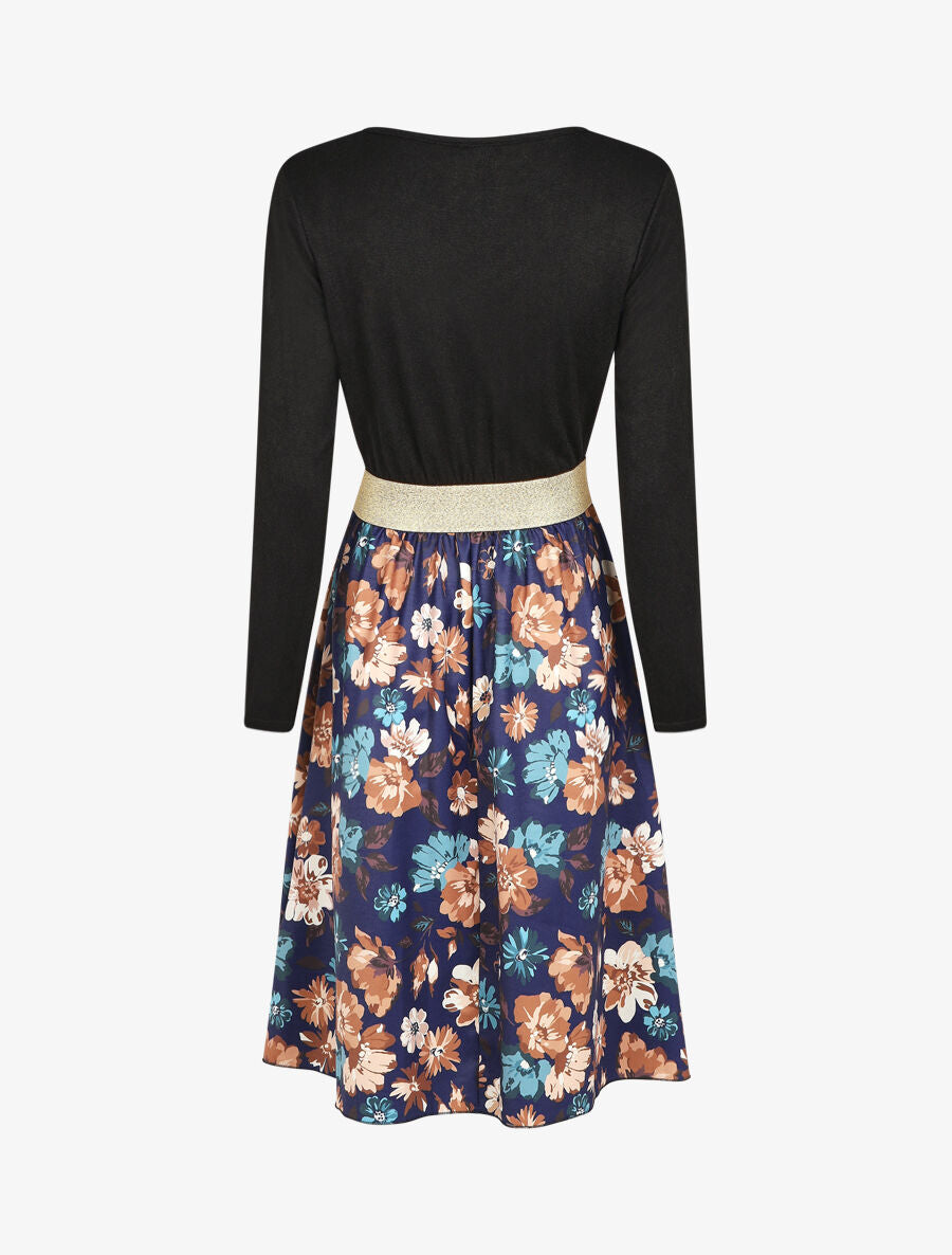 Robe évasée bi-matière imprimé champêtre - Marine - 2