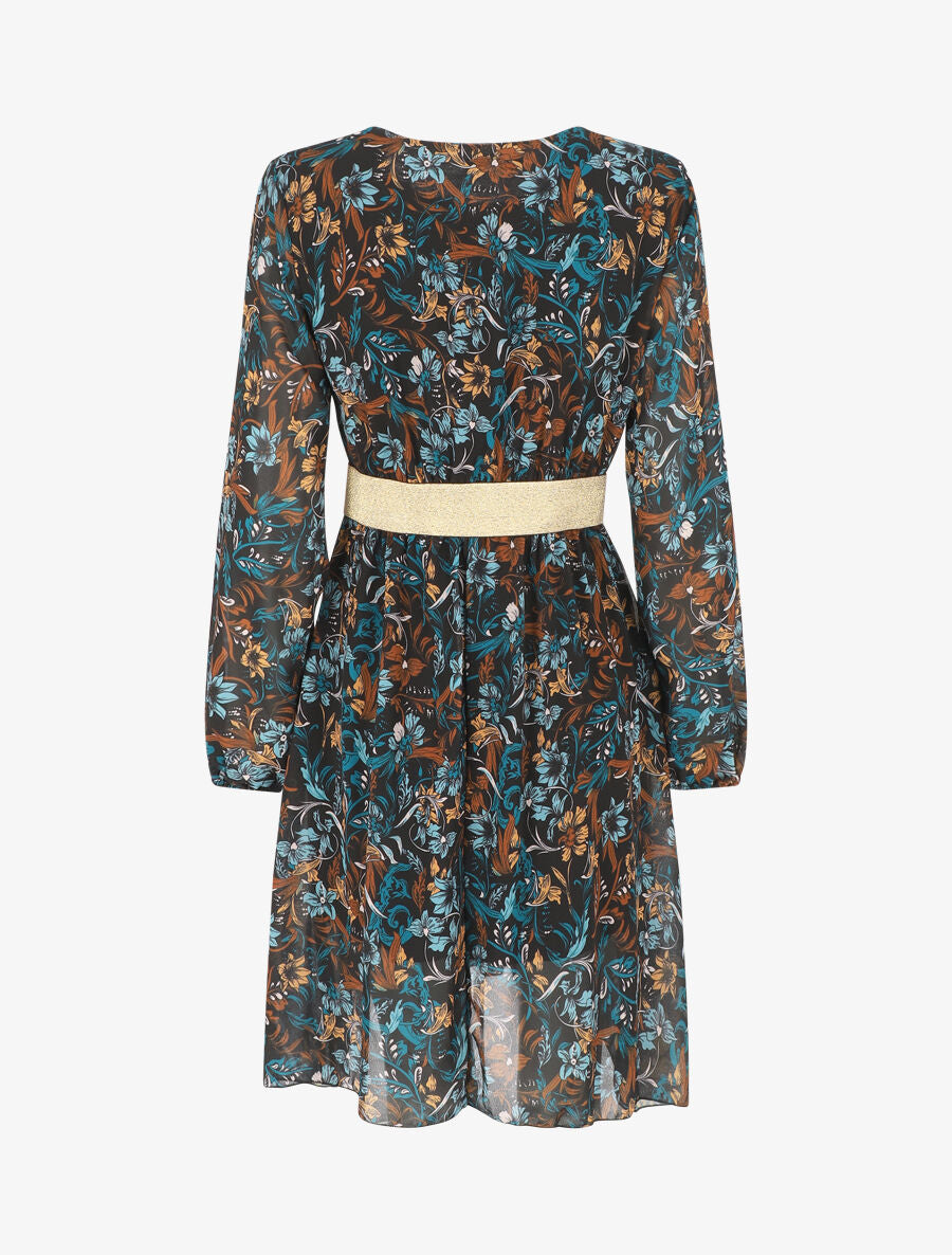 Robe imprimé fleuri à bande dorée - Marine - 2