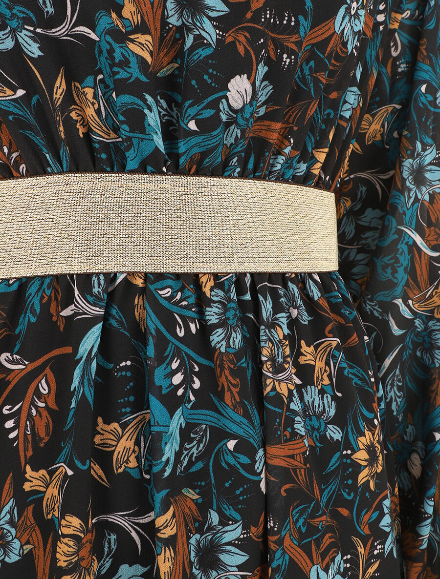 Robe imprimé fleuri à bande dorée - Marine - 3