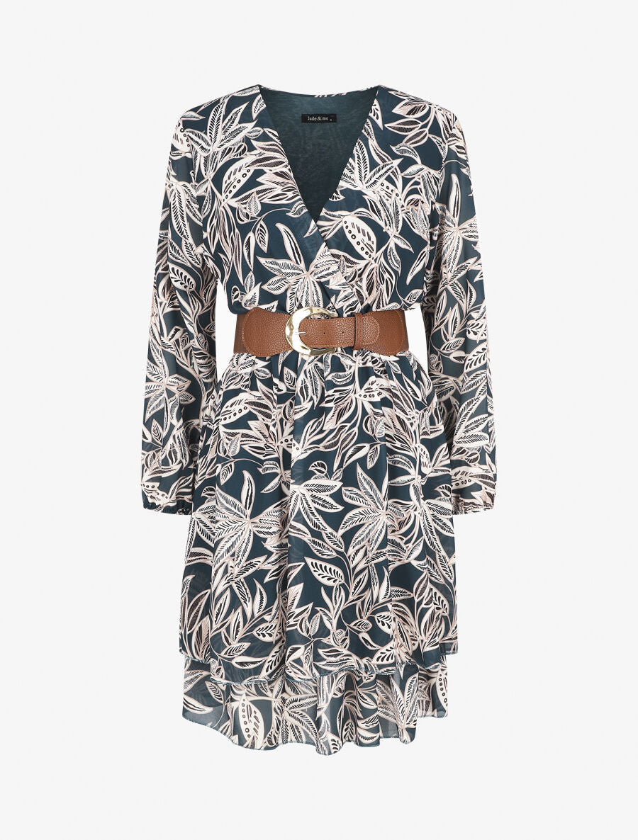 Robe mi-longue motif feuilles - Bleu - 3