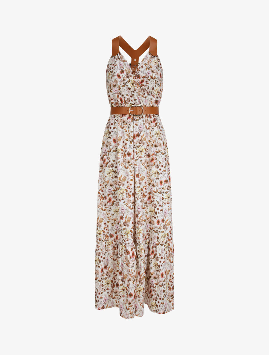 Robe longue coupe patineuse imprimé petites fleurs à bretelles en simili - Blanc - 3