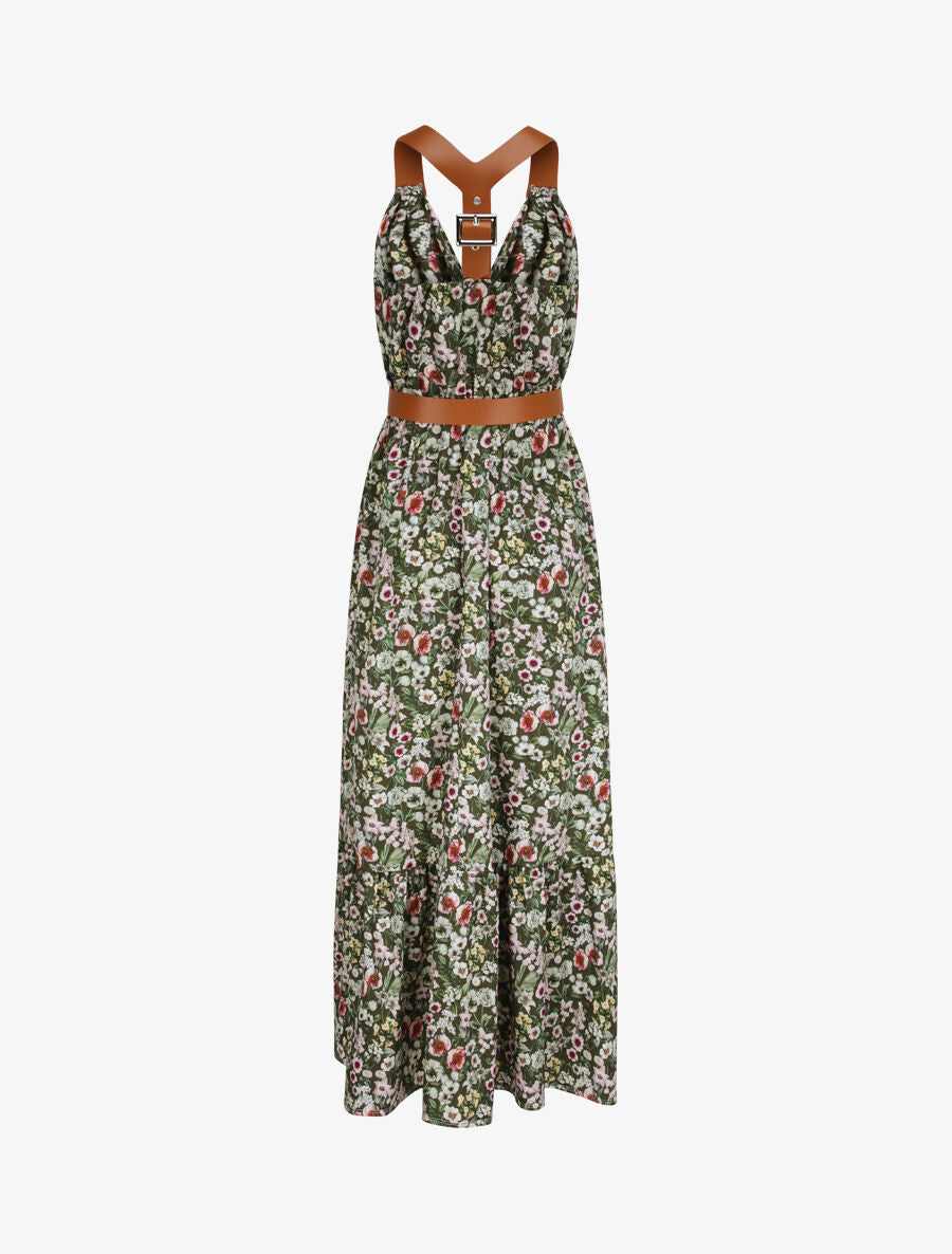 Robe longue coupe patineuse imprimé petites fleurs à bretelles en simili - Kaki - 2