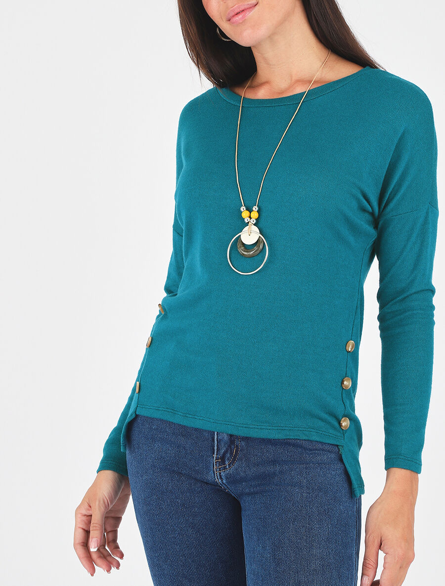 Pull fin uni à col rond - Bleu canard - 4