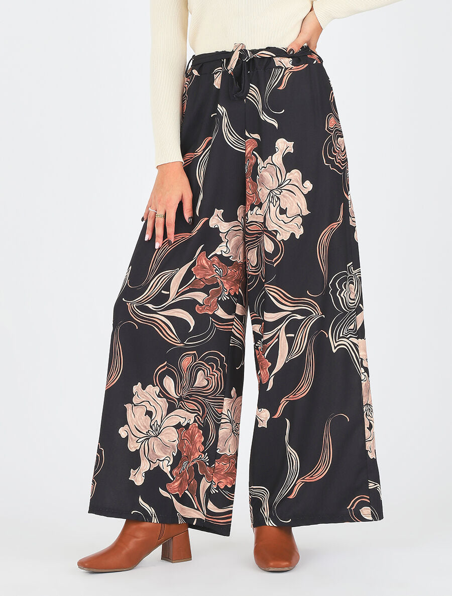 Pantalon ample taille haute imprimé floral - Noir - 4