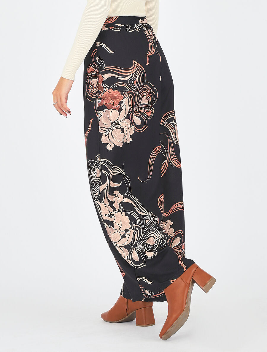 Pantalon ample taille haute imprimé floral - Noir - 5