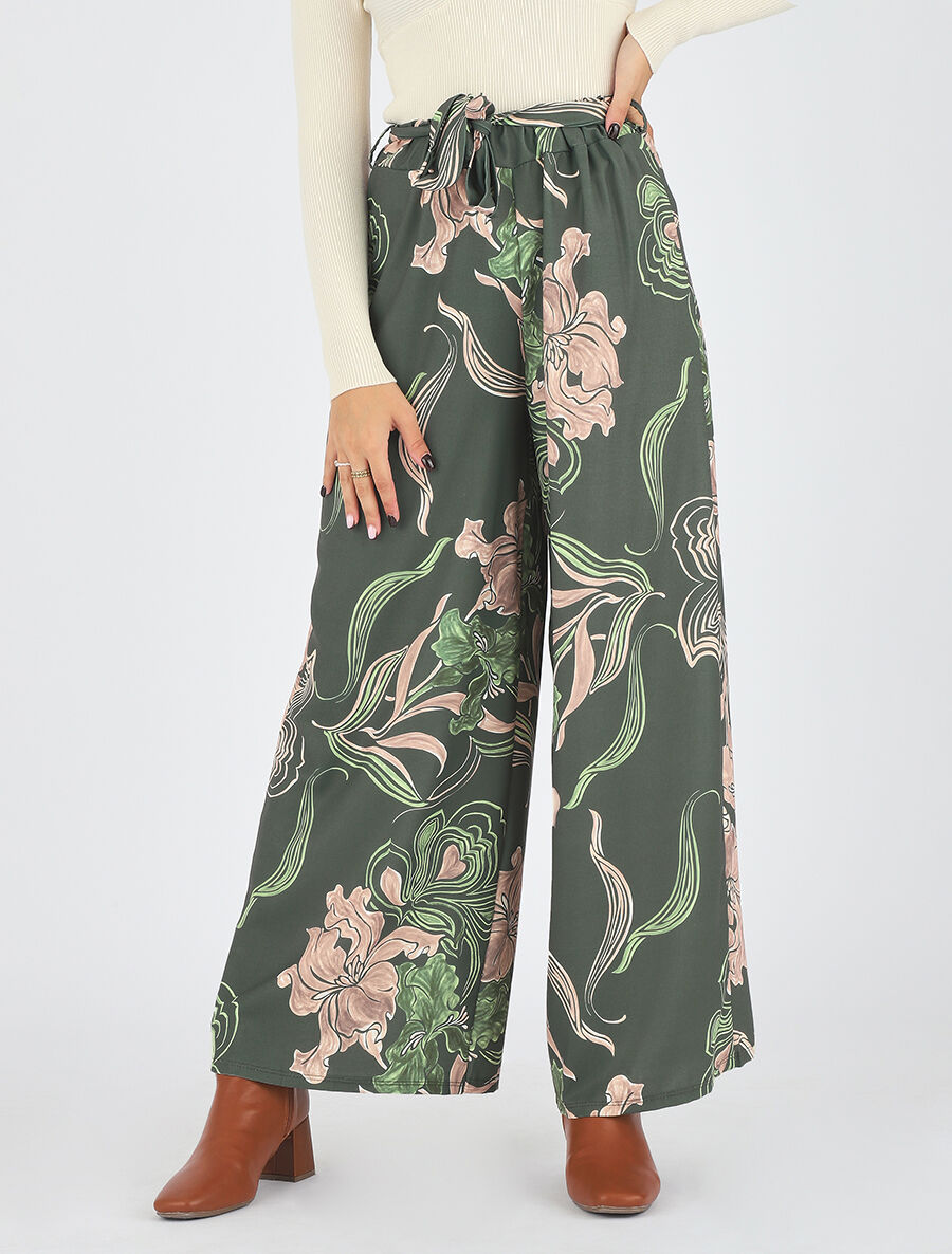 Pantalon ample taille haute imprimé floral - Kaki - 4