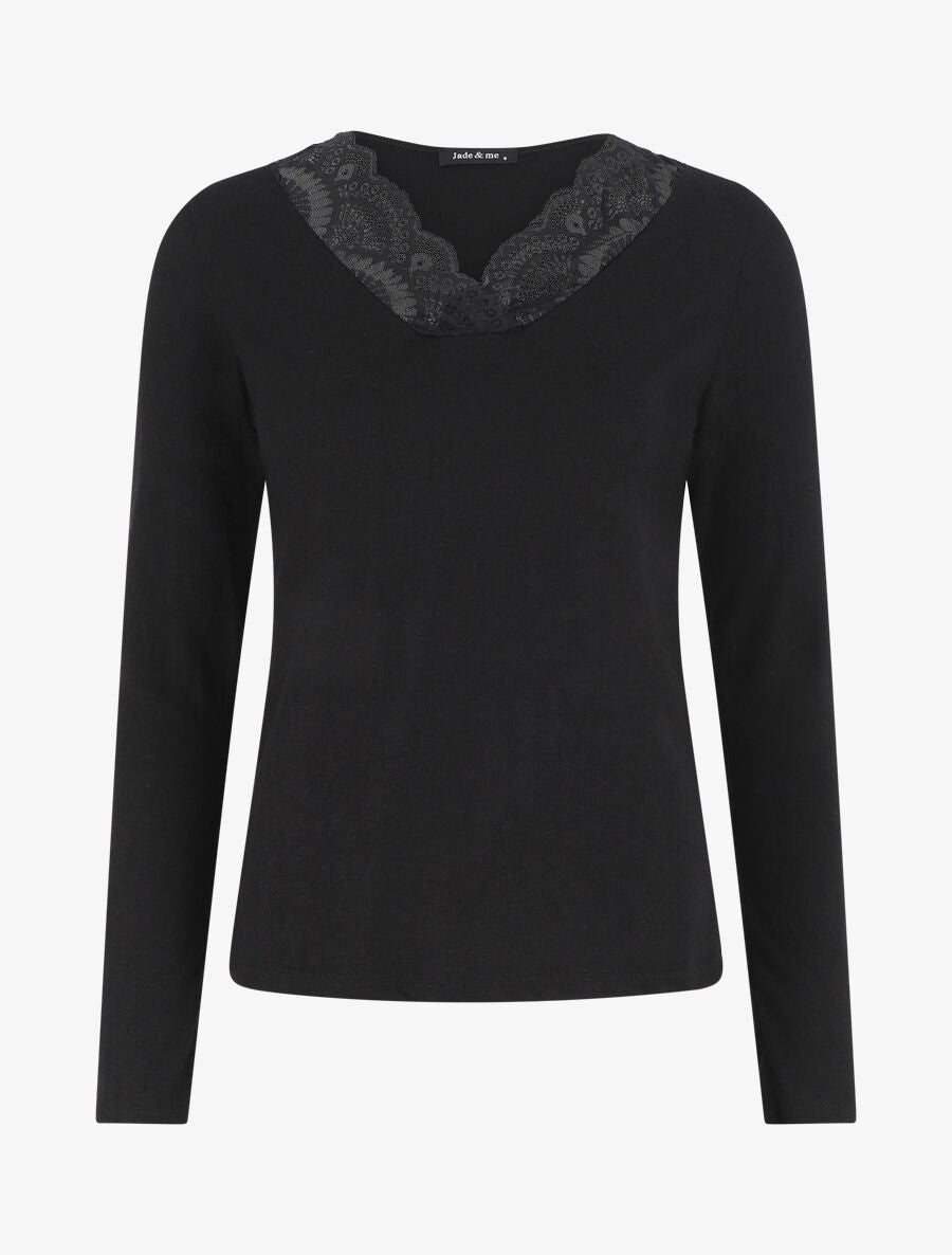 Pull droit col V en dentelle - Noir - 1