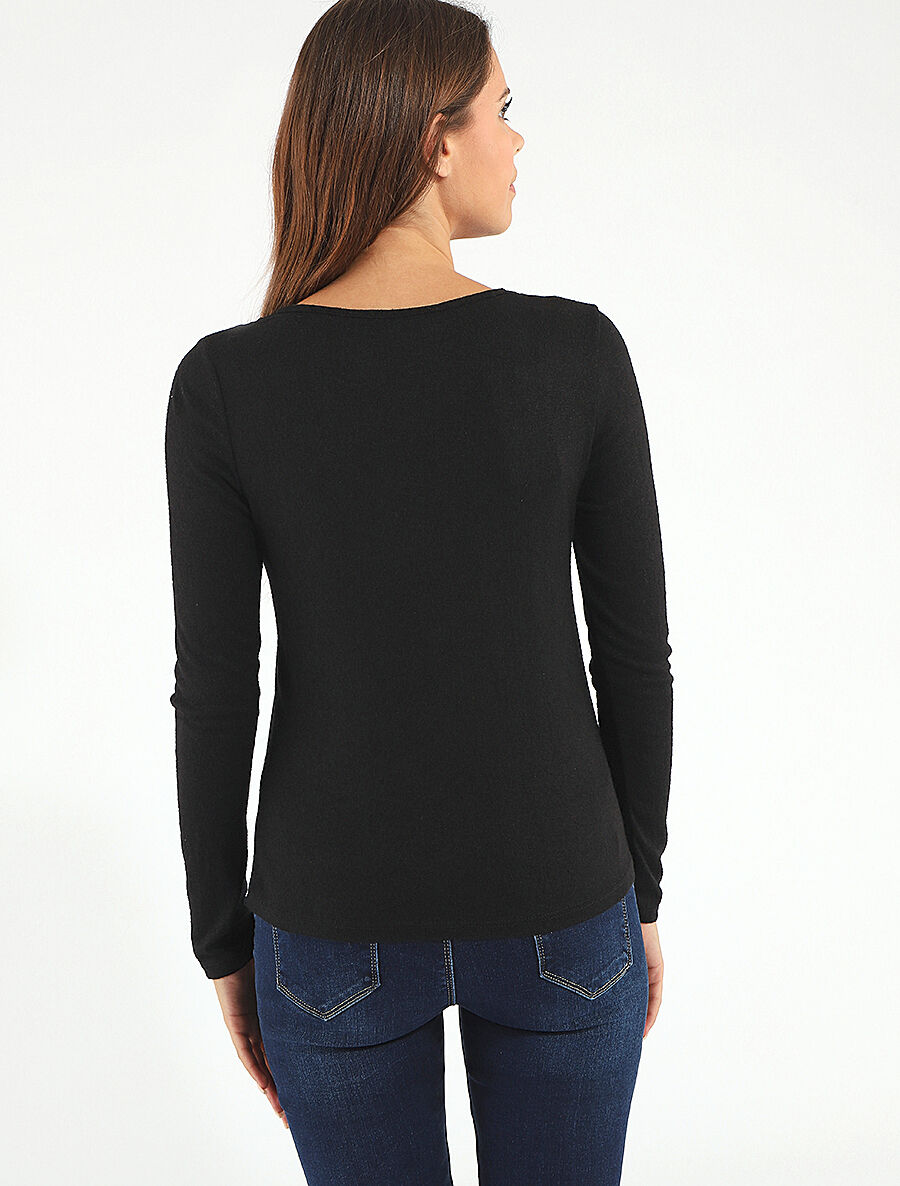 Pull droit col V en dentelle - Noir - 5