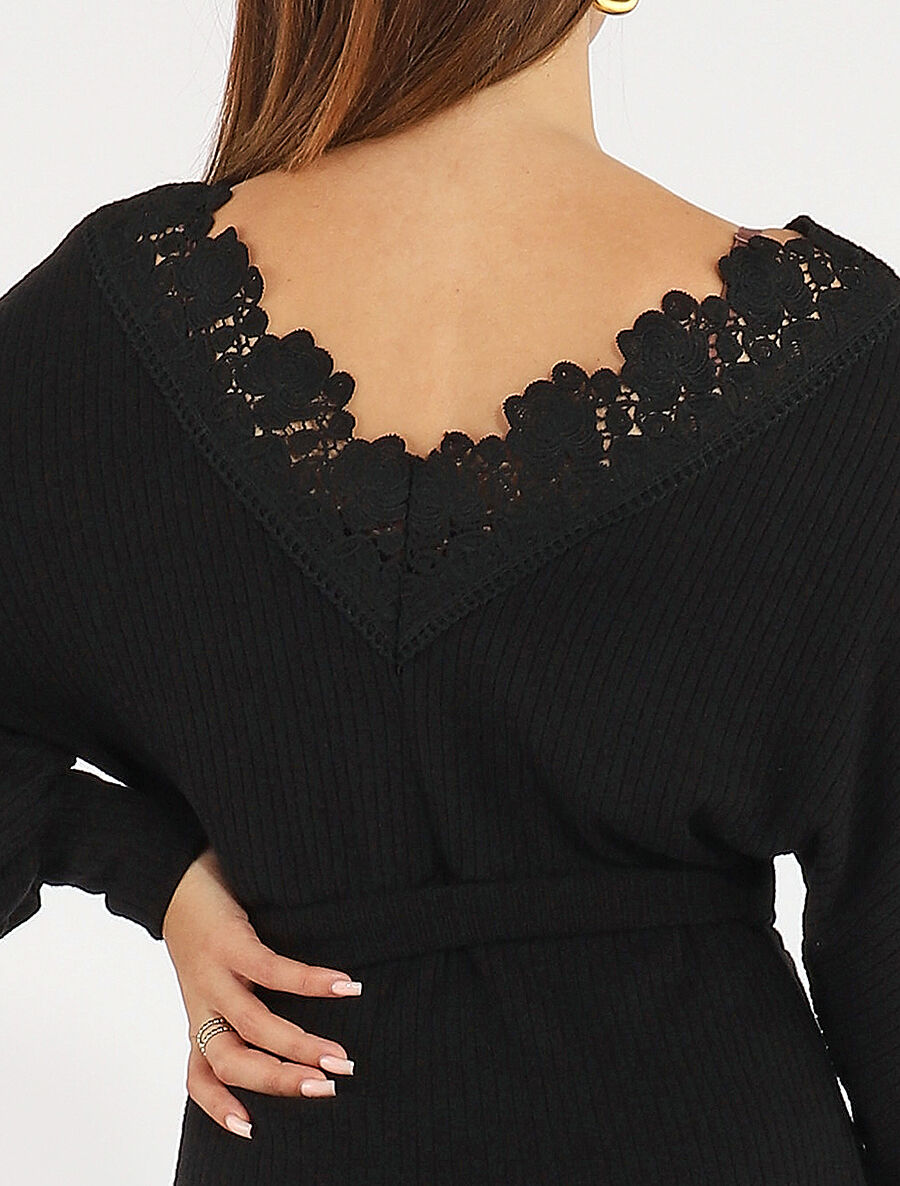 Robe pull ajustée dos en V dentelle - Noir - 6