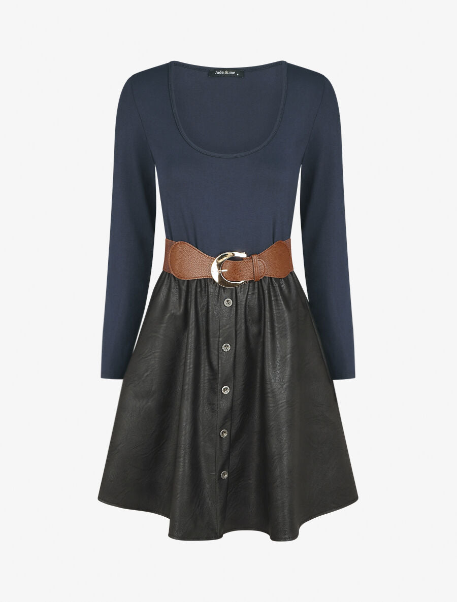 Robe bi-matière courte évasée simili - Marine - 6